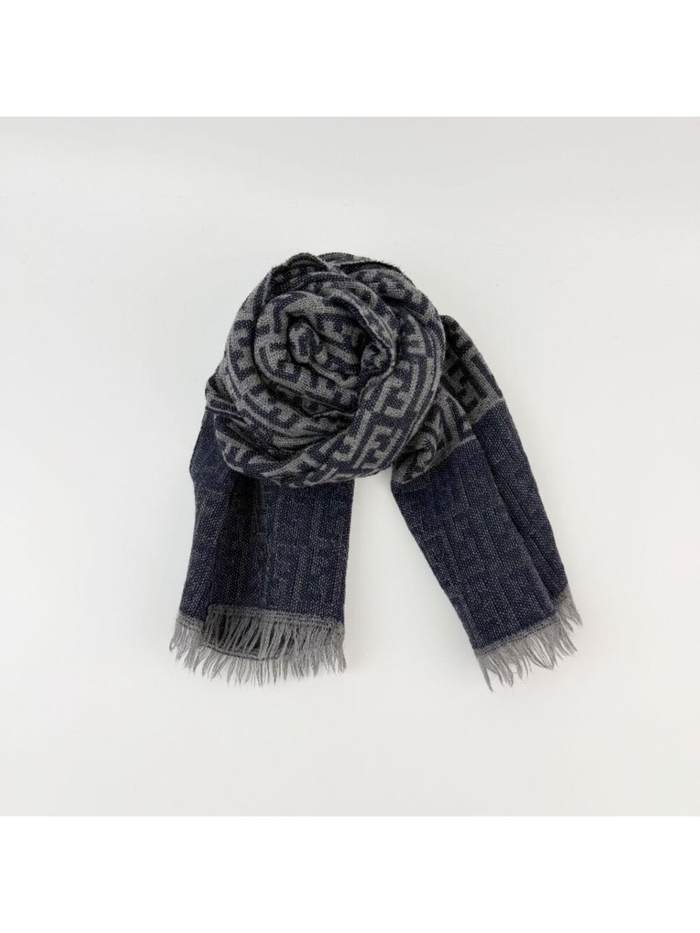 Fendi Zucca FF Monogram Reversible Scarf Wool Gray Navy Vintage